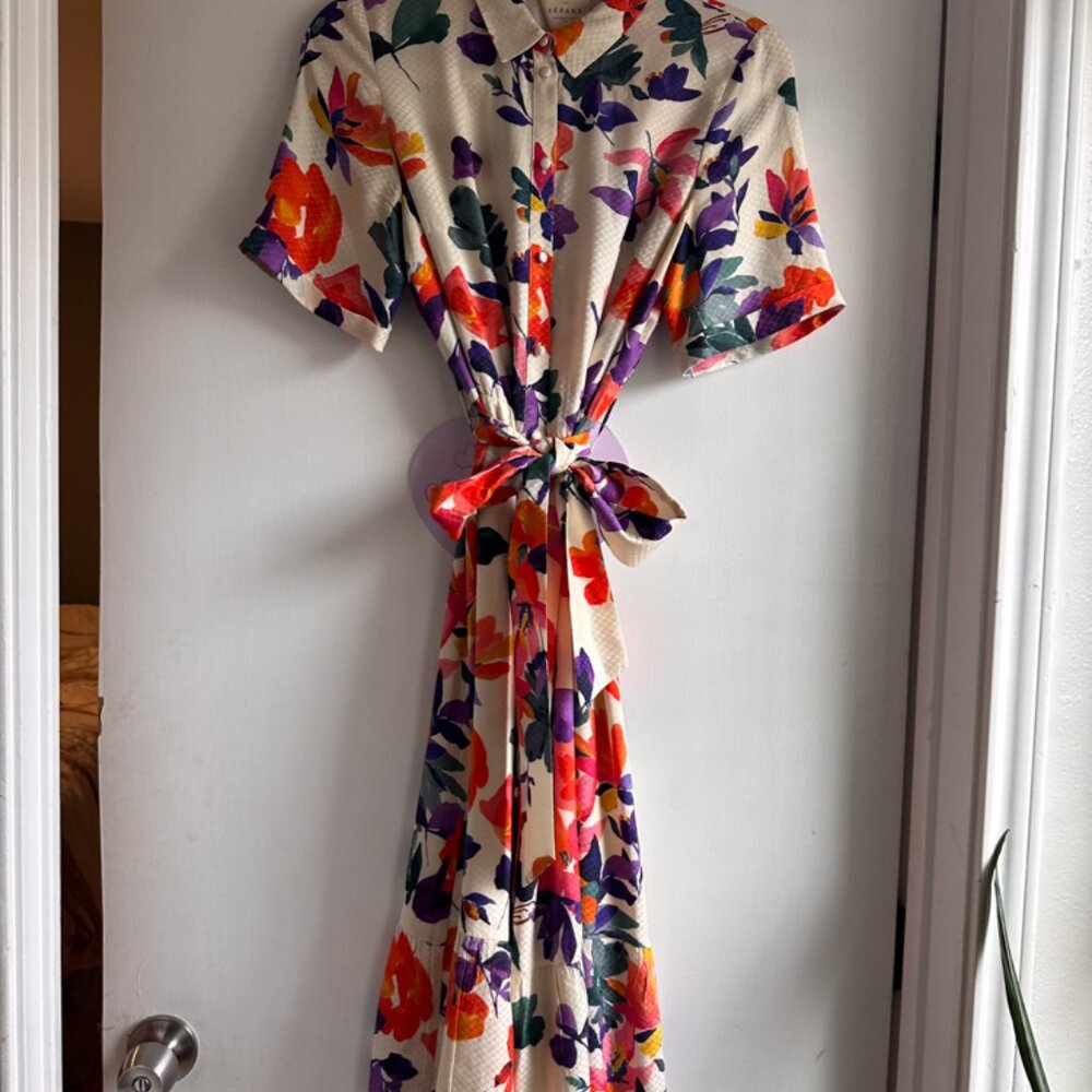 Sezane Floral Midi Dress in Cream with Orange & Purple Blossoms - Picture 10 of 10